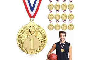 Hianjoo Zestaw 12 złotych medali z łańcuszkami dla dzieci na mecz piłki nożnej, medale zwycięskie dla sportu, klubu piłkarskiego, metalowe medale (wersja płomień)