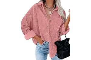 QIXING Womens Corduroy Oversized Shacket Button Down Boyfriend Shirts V Neck Cotton Long Sleeve Blouses with Pocket Casual Work Jacket for Women UK Ladies Tops Autumn Winter