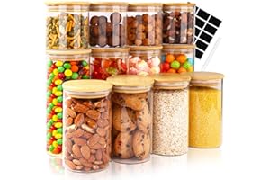 Ezvsevuo 12PCS Tarros de Cristal con Tapa - Botes de Cristal con Tapa de Bambu - 4x 800ml & 4x 550ml & 4x 300ml - Frascos de Vidrio Herméticos para Almacenaje Cereales, Harina, Merienda