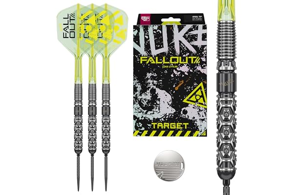 Target Darts Luke Littler Fallout ståldart 90% volfram | Luke The Nuke dartset, stålspetsar, nr 6 K-Flex flights & skaft, Swiss Point-verktyg, SP, Kflex
