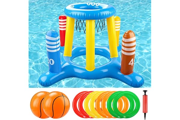 MplehDa vattenspel flytande basketkorgar 2 i 1 uppblåsbar poolbasketkorg med ringkastspel för vuxna, vattenspelssats med 2 bollar, 8 ringar, pump, flytande basketkorg för sommar, poolfest
