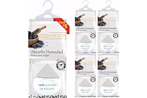 OSHMEA® Pack de 5 Bolsas Antihumedad PREMIUM con CARBON ACTIVADO | Bolsas Deshumidificadoras para colgar | Deshumidificador Armario | Previene Humedad y Malos Olores en Ropa y Armarios | Alta Eficacia