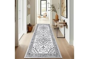 Enyhom Teppich Läufer für Küche, 60 x 180 cm Hochwertig rutschfest Läufer Flur Traditioneller Langer Läufer Teppich Waschbar Retro Weich Schlafzimmer Läufer für Wohnzimmer Büro Korridor, Grau