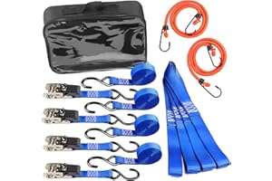 14 PZ Leader Accessories 4 Cinghia di Fissaggio a Cricchetto, 4 Cinturini da Gancio, 4 Morbido Laccio Legare Cinghie di Tensionamento, 2 Cavi/Corda Elastiche con Gancio per Trasporto, Portapacchie ecc