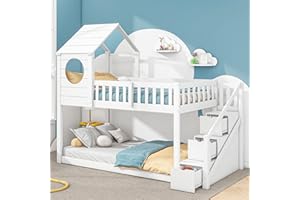 LTGB Wooden House Bunk Bed, 90 x 190 cm, Cabin Bed Frame with Ladder and Storage Drawers, Ideal for Kids Boys Girls Teens (White)【UK Stock】