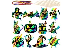 RICEDUO Halloween Scratch Paper Art Set - 48 Pcs Halloween 12 Design Magic Rainbow Scratch Off Cards for Kids, Hanging Ornaments for Halloween Party Favors Activities