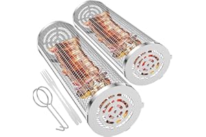 Zoomarlous Update Rolling Grilling Basket, 2PCS Portable Stainless Steel Wire Mesh Cylinder BBQ Grill Basket, Outdoor Camping Cooking Accessories, French Fries, Fish (20CM+30CM)
