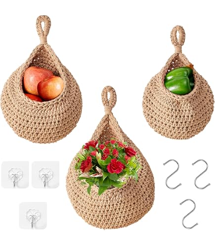 Cesto Appeso In Juta Per Frutta E Verdura - Intrecciato A Mano, 27x34 Cm, Portaoggetti Da Parete Per Cucina