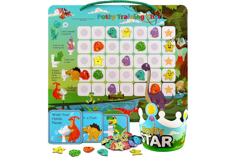 Potty Training Chart with 35 Stickers, 3 Reminder Stickers and Crown for Toddlers Boys and Girls - Potty Training Rewards for Kids - Dino