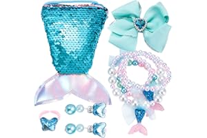 BERKELEN Bijoux pour Petites Filles, Parure de Bijoux Enfant Sirène Bourse avec Queue de Sirène Sequins Sac Bandoulière, Bracelet, Anneau, Boucles d'oreilles, Pinces À Cheveux Ensemble pour Filles