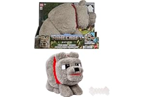 Mattel Minecraft Dennis el lobo Juguete de peluche, animal de peluche inspirado en la película “Una película de Minecraft” con sonido y acción de alimentación, modo de alimentos, JDW26