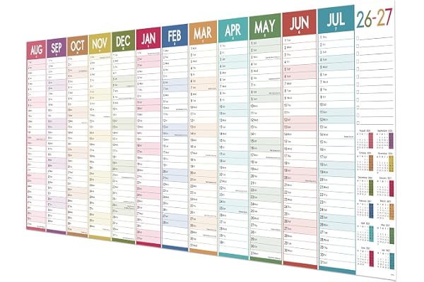 Calendrier mural 2026, grand format britannique pour la famille, l'école ou le bureau, de janvier 2026 à décembre 2026, 120 x 42 cm, taille XXXL, coloré