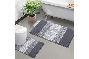 Enyhom Soft Bathroom Mat Sets 2 Piece Water Absorbent Bath Mats and Toilet Mat Non Slip Machine Washable Bath and Pedestal Mat Sets, Grey