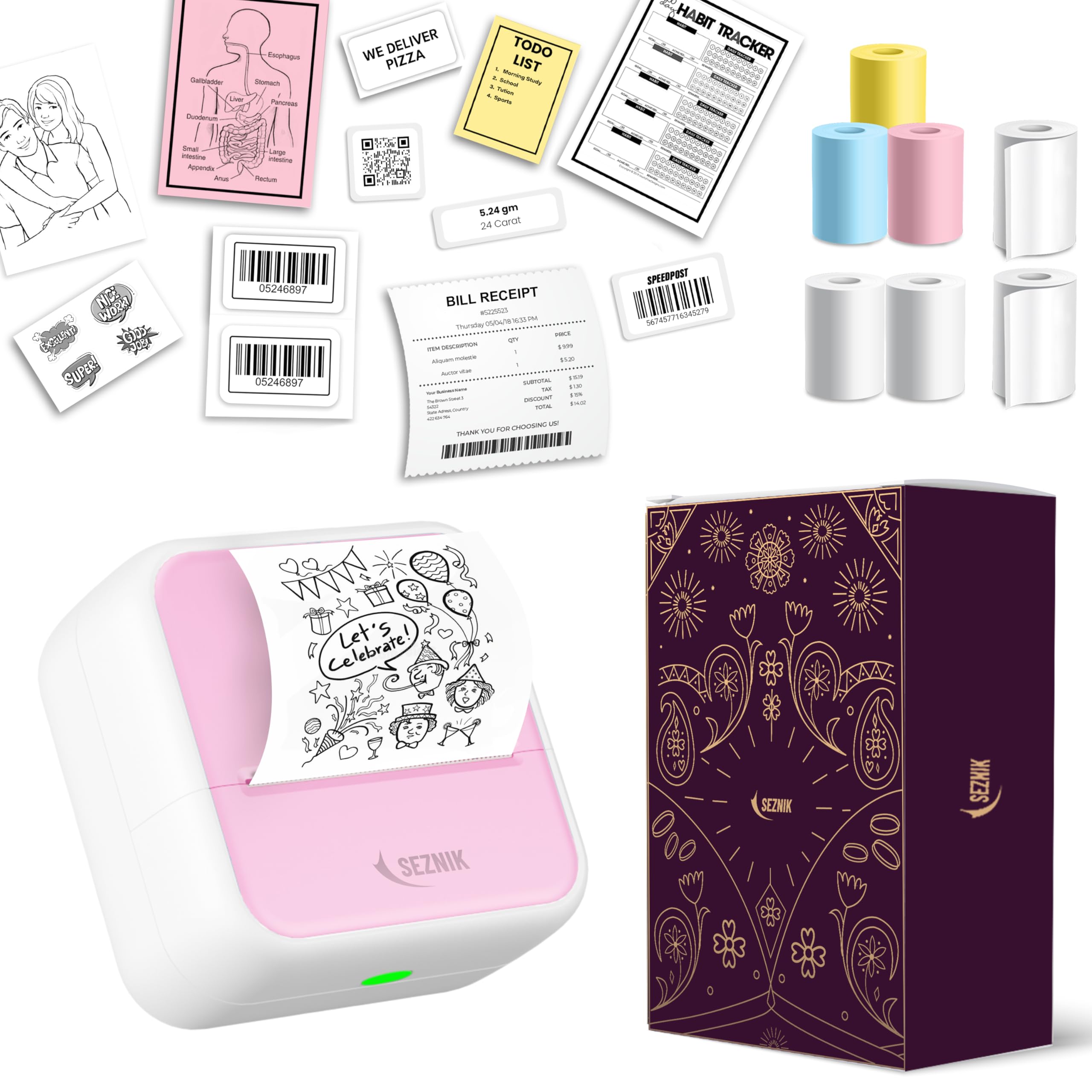 SEZNIK Mini Printer, Inkless, Thermal, Bluetooth, Portable Printer, Compatible with Android, iOS Mobile. 1 Year Warranty (MiniX-Pink-Gift)
