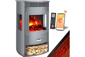 KESSER Prio Elektrokamin Heizung Heizlüfter Fernbedienung WiFi App 950/1900 W Kamin elektrisch LED-Flammeneffekt Kaminfeuer Elektro Thermostat Panorama-Sichtfenster Heizfunktion Timer,Grau,Xtra-Large