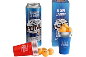 Komonee Beer Pong Novelty Gift Supersized Can American Birthday Idea Adult Party Drinking Game Including 12 Wide Rimmed Red and Blue Re-usable Cups and 12 High Bounce ABS Orange Balls