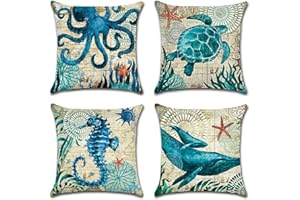 Artscope 4 Piezas Impermeables Funda de Cojines, de Exterior Funda de Almohada Cuadrado para Patio Balcón Jardín Sofá Oficina Hogar Decorativas 45x45cm, Vida Marina Azul