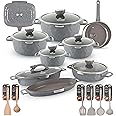 LIFE SMILE Cookware Set 23 pieces - Induction set-Granite Non Stick Die Cast aluminum include Casseroles & Shallow Pot & Fry Pan & Double Fish Pan & Double Grill Pan & Kitchen Utensils (Smokey Grey)