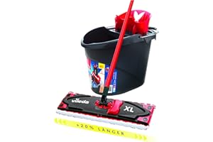 Vileda Ultramax XL Balai de sol 2 en 1, housse en microfibre et seau avec Powerpresse, serpillère extra large avec manche, lame d'essuie-glace 42 cm, longueur du manche 75-130 cm, emballage écologique
