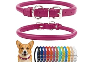 CollarDirect Rolled Leather Dog Collar, Soft Padded Round Puppy Collar, Handmade Genuine Leather Collar Dog Small Large Cat Collars Black Pink Red Purple Blue (Fits 12"-15" Neck, Pink)