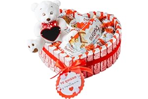 ONZA DULCE Y SALADO SWEET & SALTED Onza Cesta San Valentín de Chocolates Kinder Bueno para regalar - Corazón Chocolate Kinder con Happy Hippo, Kinder Bueno Mini, Schokobons - Oso de Peluche [18cm] - Regalos originales para Mujer.