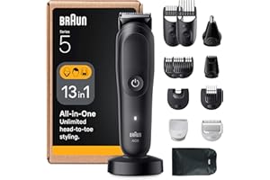 Braun All-in-One Series 5 Grooming Kit, 13in1, Ultra Sharp Blade, 120 Min, SkinGuard for Body, Precise & Efficient Trim, AquaGrip for Under Water Use, AIO5565, Black