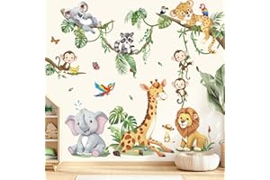 decalmile Pegatinas de Pared Animales de la Jungla Rama Árbol Vinilos Decorativos Safari Jirafa Elefante León Mono Adhesivos Pared Habitación Infantiles Niños Bebés Guardería