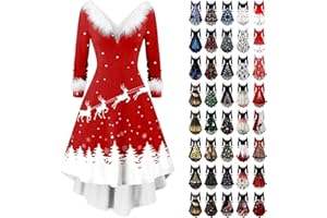 GENERISCH Weihnachtskleid Damen Elegant Langarm Weihnachten Kleid mit Plüschkragen V-Ausschnitt Weihnachts Kleider Lustige Weihnachtsmotiv Partykleid Vintage A-Linie Weihnachtsoutfit Abendkleid Christmas Dress