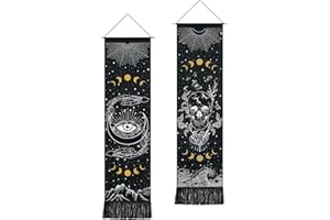 Yugarlibi 2 Pack Skull Tapestry Moon Phases Wall Hanging Black Evil Eye Steleton Hand Tapestry Ocean Wave Mountain Gothic Home Decor for Bedroom Living Room Dorm Home 130x32.5cm