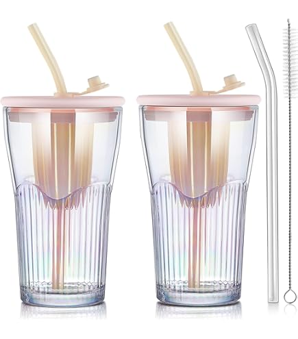 Lot De 2 Verres Borosilicate Avec Couvercle Et Paille - Gobelets Design Pour Café Glacé Et Smoothies