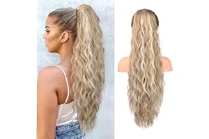 REECHO Ponytail Extension, 66 cm Long Beach Gewellt Zugband Pferdeschwanz Haarverlängerung Synthetischer Pferdeschwanz Haarteil für Frauen – Aschblond mit Highlights