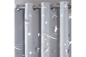 Noah's Linen Stars Thermal Blackout Curtain Pair Eyelet Ring Top Including Tie Backs Kids Metallic Shinning Stars (Silver Grey, 46 x 54)