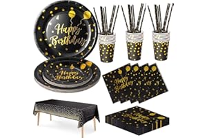 Nkaiso Compleanno Stoviglie per Feste, 20 Ospiti Nero Oro Stoviglie Carta Set Include Piatti di Carta Tovaglioli Tazze Riutilizzabili Stoviglie Decorazioni per Feste per Bambini