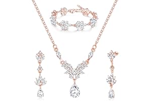 JeweBella Parure Mariage Mariée pour Femme Collier Cristal Larme Collier Mariée Boucles d'oreilles Cristal Mariée Bracelet Ensemble Fiançailles Prom Mariée Bijoux Cadeaux Argent/Or Rose