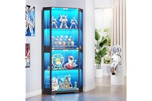 BROTTAR 4 Shelf Corner Display Cabinets with Glass Doors, 65" Tall Bookcase with Lights/Human Sensor, Display Case with Magnetic Lock for Storage for Living Room Office Bedroom, Black