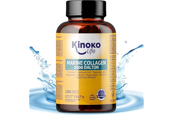 KINOKO LIFE - Collagene Marin Acide Hyaluronique | 180 Capsules, Extraits de plantes, Coenzyme Q10, Vitamine C, Magnésium, Leucine, Curcuma | Collagene et Acide Hyaluronique | Complement Alimentaire