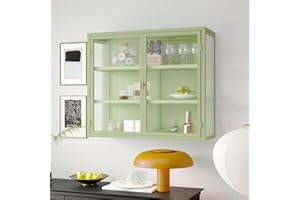 CELYA Retro Wave Glass Door Wall Cabinet with Removable Shelves, Suitable for Offices, Dining Rooms, Living Rooms, Kitchens and Bathrooms (B1-Green)