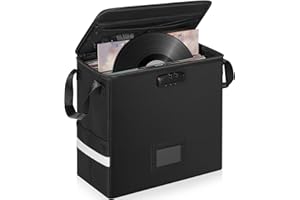 OUUTMEE Fireproof Vinyl Record Storage Box with Lock, Water Resistant Vinyl Album Storage for 12 inch Records Holds up 50+ Single Record, Collapsible LP Record Storage Crate for Album Collection,Small