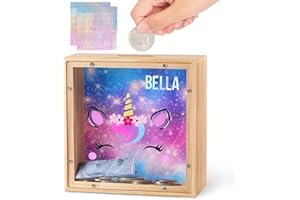 MHJY Tirelire en Bois Licorne et Sirène pour Enfants, Cadeau Éducatif Personnalisable avec Autocollants DIY, Décoration Chambre