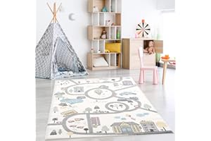 payé Teppich Kinderzimmer - Pastellfarben - 120x160cm - Flachflor Spielteppich Kinderteppich im Straßendesign für Jungen und Mädchen - Oeko Tex 100 Standard
