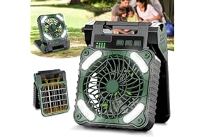 AKOFIC Ventilateur Solaire, Ventilateur Camping Rechargeable 10400 mAh, Ventilateur Tente Portable avec Lumière LED, Minuterie, 4 Vitesses, Ventilateur Batterie Extérieur Puissant et Silencieux