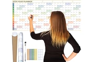 Glacient - Juego de planificador de pared 2024, 118 x 42 cm, enrollado, extra grueso, calendario de pared laminado de borrado en seco, calcomanías y almohadillas de montaje adhesivas (crema)