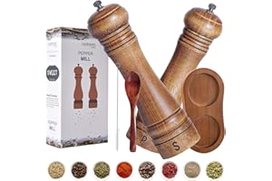 AOOGON Set Macina Sale e Pepe in Legno, Macinino Manuale per Pepe e Sale, 8 Pollice Legno Pepper Mill con un vassoio di legno, un pennello e un cucchiaio