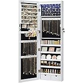 GOPLUS Armoire à Bijoux avec Base Rotative à 360° et Lumières LED Intégrées à 3 Couleurs,Porte-manteau avec Miroir Pleine Longueur - Maison