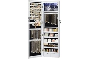 ‎SONGMICS SONGMICS Szafka na biżuterię, wisząca szafka do przechowywania naszyjników, kolczyków, szafka na akcesoria, z lustrem, różne przegródki, zamykana, biała JBC93W