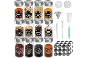 SXTIHD Tarros de cristal para especias, redondos, 12 × 100 ml. Juego de recipientes para especias con nueva técnica de grabado láser, etiqueta.