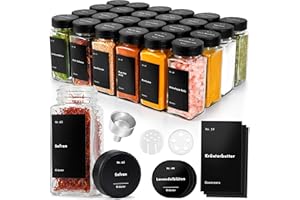 EDELHAUS Gewürzgläser Eckig Set mit Schwarzem Deckel (24 x 120ml) Gewürzstreuer mit Streueinsatz und 240 Etiketten Schwarz - Gewürzbehälter, Gewürzdosen, Gewürze organizer [10,5cm x 4,5cm]