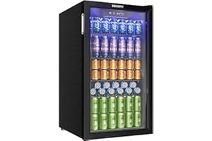 EUHOMY Getränkekühlschrank, Mini-Kühlschrank für 126 Dosen mit Glastür, kleiner Kühlschrank mit verstellbaren Regalen für Limonade, Bier oder Wein, für Zuhause/Bar/Büro, Schwarz Edelstahl