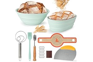 HUIJUTCHEN Juego de Cesta de Fermentación, 10" y 9" Cesta de Fermentación para Pan de Silicona Plegables Juego De Cestas Redondas y ovalada con Batidor, Cuchillo de Panadero y Cepillo