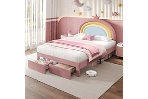 JOVIFY 4ft6 Double Upholstered Platform Bed Frame with Adjustable Rainbow Headboard & Storage Drawers/Velvet Fabric/Sturdy Wooden Slat Support/No Box Spring Needed, Youth Bed for Adults Kids Teenagers, Pink